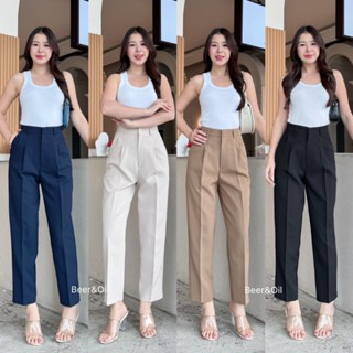 L0019  Beer&Oil กางเกงขายาวเอวสูงตะขอหน้าVหลัง  ผ้าไมโครทรงบ…