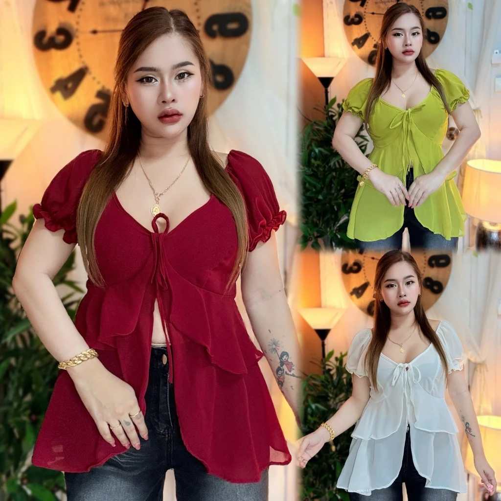 เสื้อสาวอวบ**ร้าน ต๋องปอแฟชั่น อก32-48ยาว29 ผ้าชีฟองพริ้วๆบางๆ ***รุ่น แอลลี่**