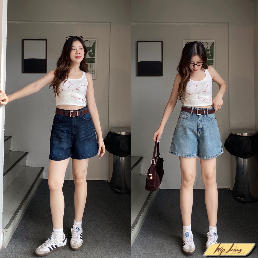 กางเกงยีนส์เอวสูงขาสั้นผ้าไม่ยืดใส่ได้หลายโอกาสมีขนาดSถึงเอว40นิ้วสองสีให้เลือก