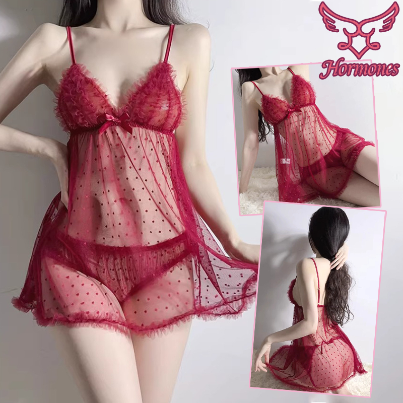 💗Hormones💘ชุดซีทรูเซ็กซี่ ชุดนอนสายเดี่ยว 💗คอวีลึก เปลือยหลัง โค้งคำนับ ลายจุด ผ้าบาง ใส่สบาย ราคาถูก ส่งจากไทย