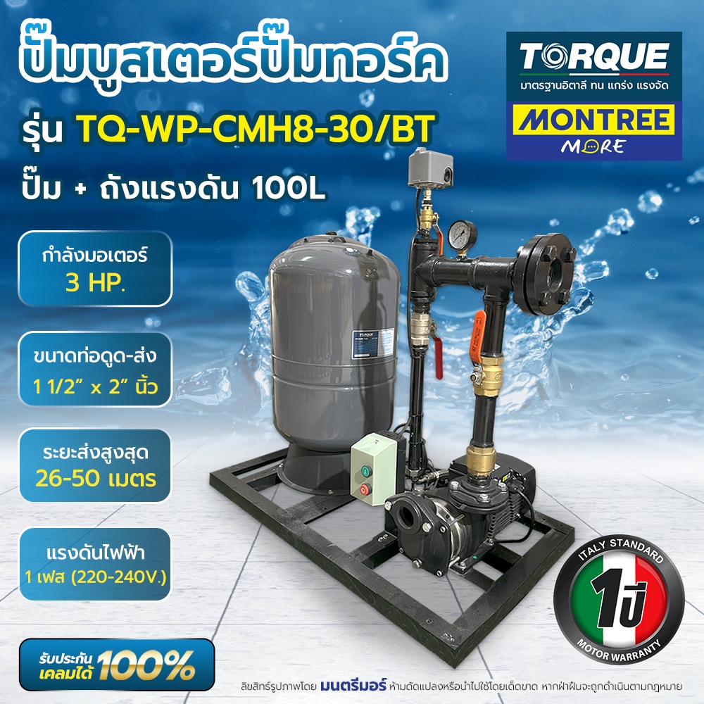 (ชุด) ปั๊มบูทเตอร์ปั๊ม 2สาย 1 1/2" TORQUE TQ-WP-CMH8-30 (ปั๊ม1ตัว) + ถัง 100 L โดย MontreeMore