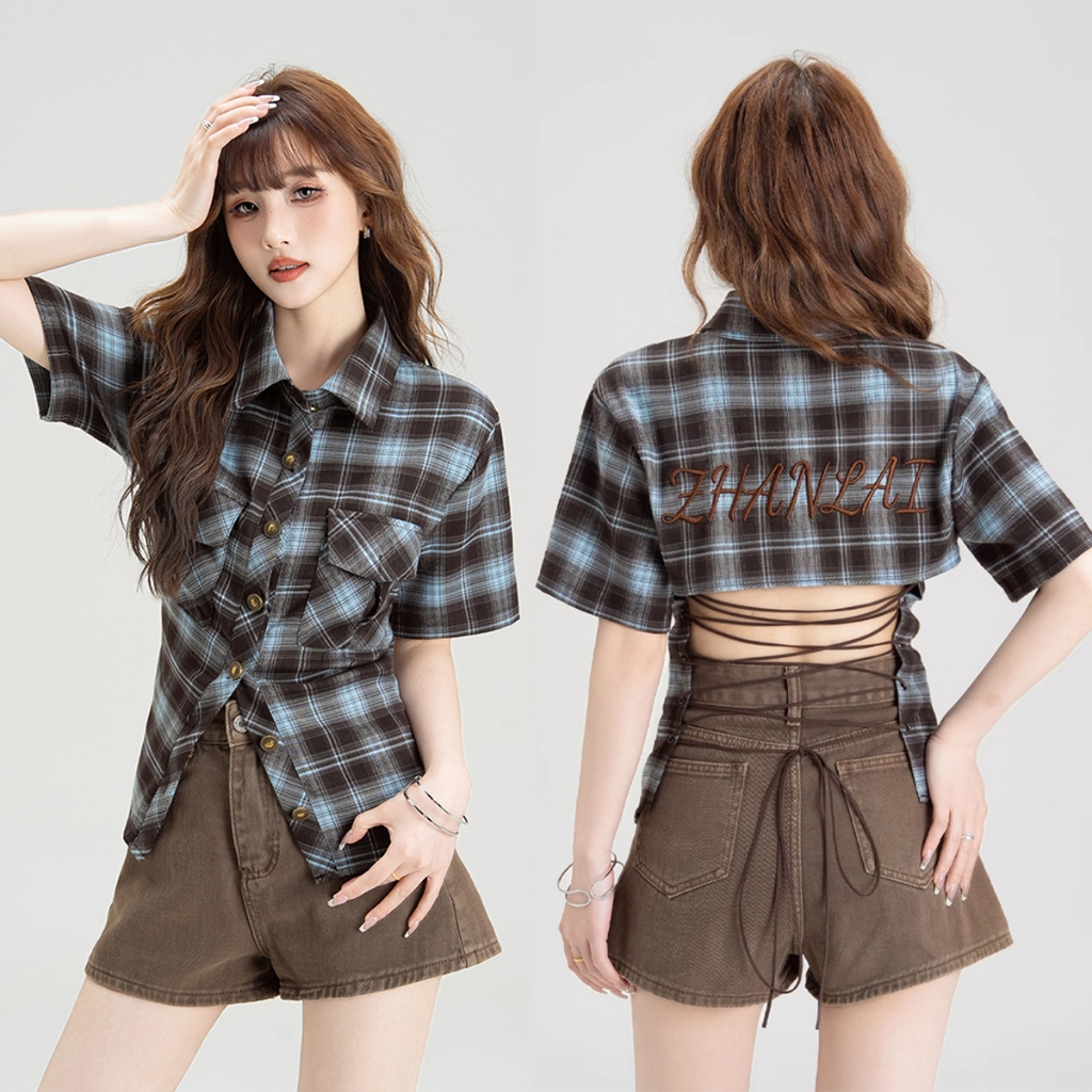 เสื้อครอป เสื้อคอปก ลายสก๊อต เขเนสั้น มีประเป๋าที่อก#2345