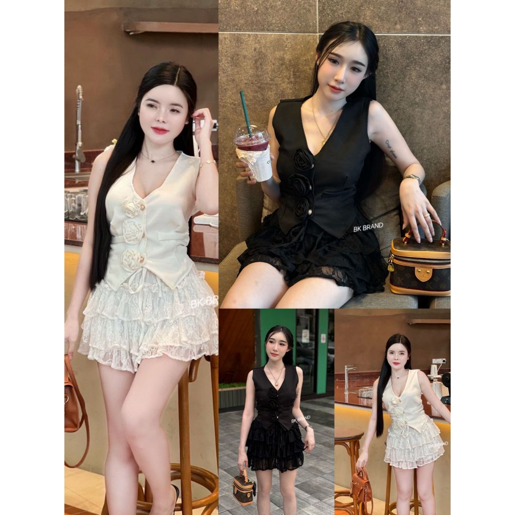 【BK BRAND】 BK 30087 เซ็ตเสื้อกั๊กผ้าพื้นติดกระดุมมุกแต่งดอกกุหลาบ กระโปรงชั้นลูกไม้