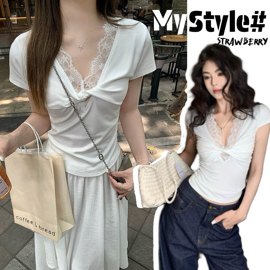 STR พร้อมส่ง🛁เสื้อยืดคอวีวินเทจ ดีไซน์ขอบลูกไม้ แขนสั้น ทรงเข้ารูป ใส่แล้วดูผอม สีพื้น สไตล์ลำลอง เสื้อครอปสำหรับผู้หญิง