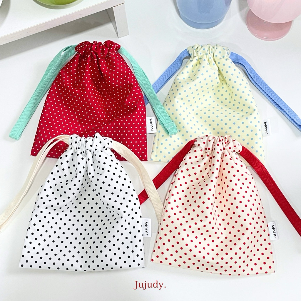 🍧𝘿𝙧𝙖𝙬𝙨𝙩𝙧𝙞𝙣𝙜 𝙗𝙖𝙜 - 𝙋𝙤𝙡𝙠𝙖𝙙𝙤𝙩 | กระเป๋าหูรูด ลายจุด ถุงหูรูด ถุงผ้าน่ารักๆ🫧🐰🍧🥣 Jujudy.