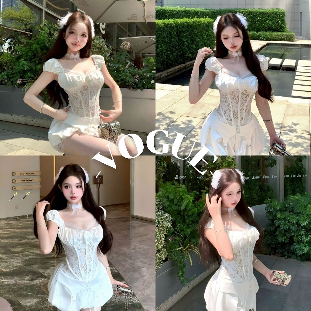 Vogue🌟พร้อมส่ง🌟 เสื้อกล้าม แต่งลูกไม้ สีขาว สไตล์โคเรีย ทรงรัดรูป (FYKD248)