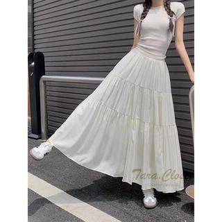 IT104 TARA SKIRT กระโปรงยาว เอวสูง ทรงบอลลูน แต่งระบาย 3 ชั้น สม็อครอบเอว ผ้าไหมอิตาลี ผ้าดี ใส่สบาย ความยาวเต็ม ไม่เต่อ