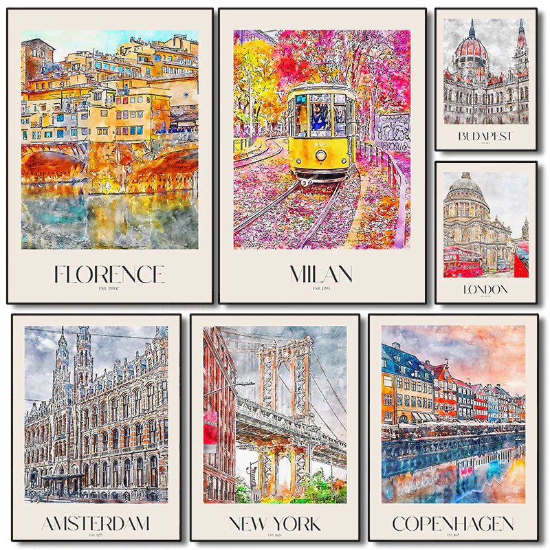 (พร้อมส่งจากไทย ภาพรวมกรอบ) ภาพวาดสีน้ำ อิตาลี ฝรั่งเศส ยุโรป สหราชอาณาจักร ตกแต่งห้อง