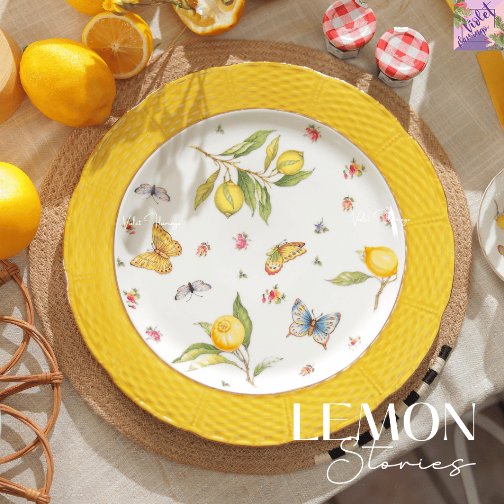 Violet Flamingo จานเซรามิคขอบทองลายเลมอน ชุดจานเลมอน Lemon Butterfly Plate Set สวยที่สุด รับรองความประทับใจ