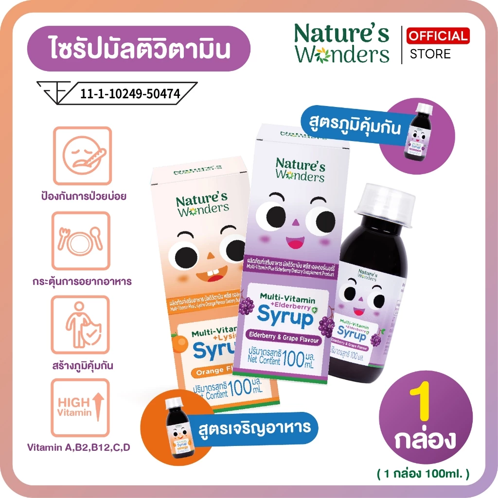 ไซรัป Multivitamin สำหรับเด็ก สูตรเสริมภูมิคุ้มกัน,สูตรเจริญอาหาร Nature's wonders 100ml.(1กล่อง)