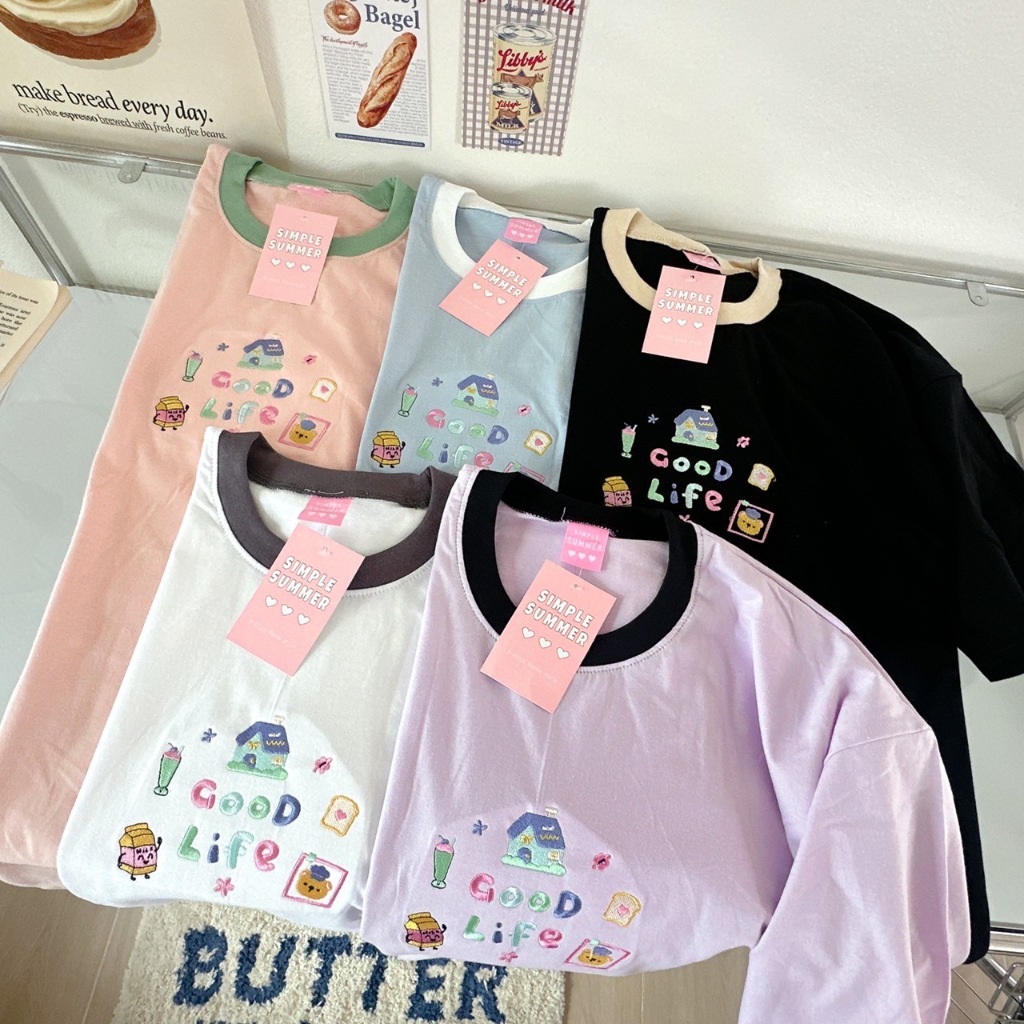 S355 เสื้อยืด oversize ผ้าคอตตอน คอสี ปัก บ้าน Good Life – โปรปัง