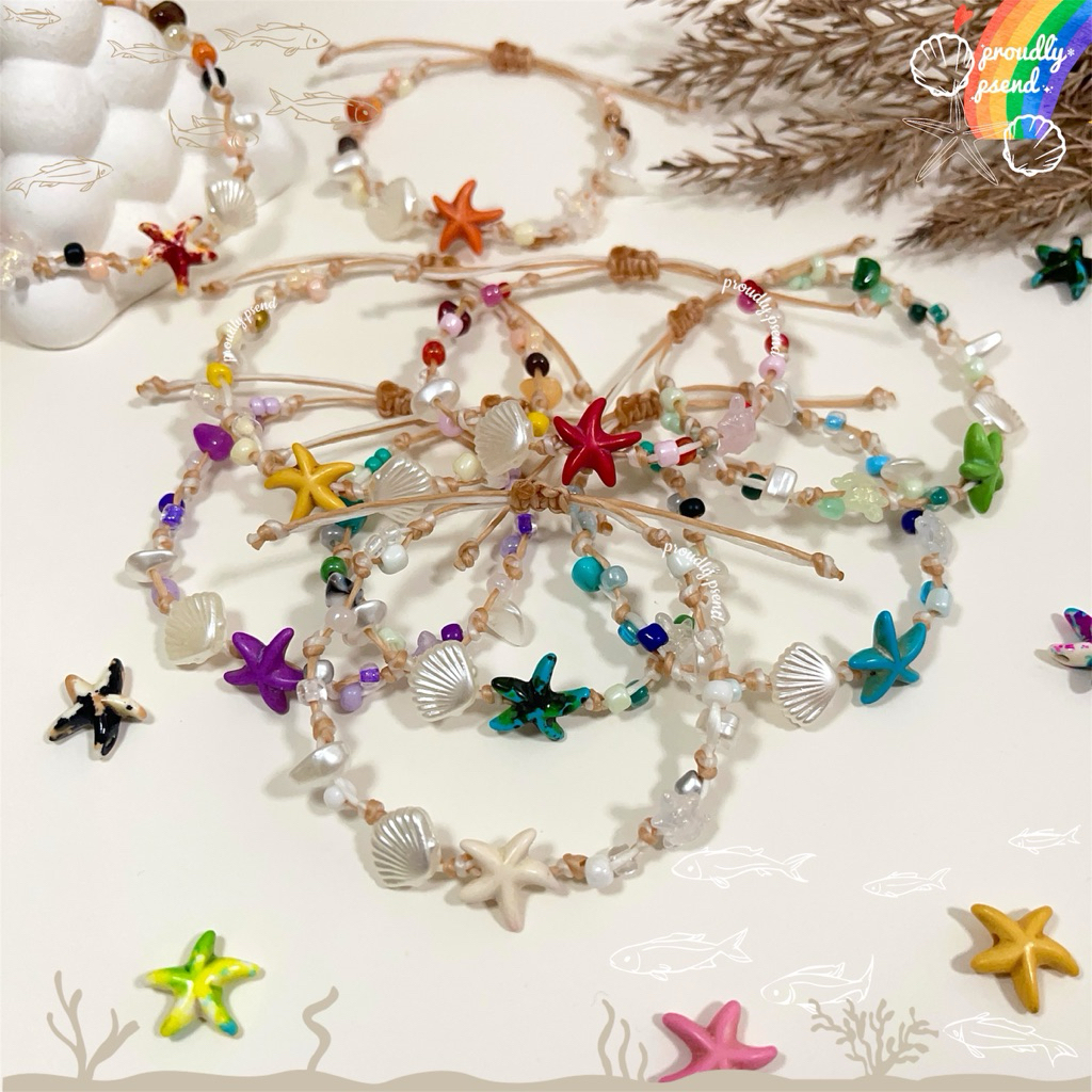 สร้อยข้อมือเชือกเทียนจี้รูปเปลือกหอย คละสี🪸🏝️สายปรับรูดได้