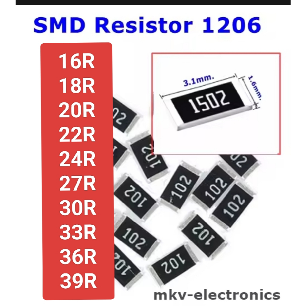 (1206) 16R 18R 20R 22R 24R 27R 30R 33R 36R 39R SMD Resistor 3.1x1.6mm. 1/4watt