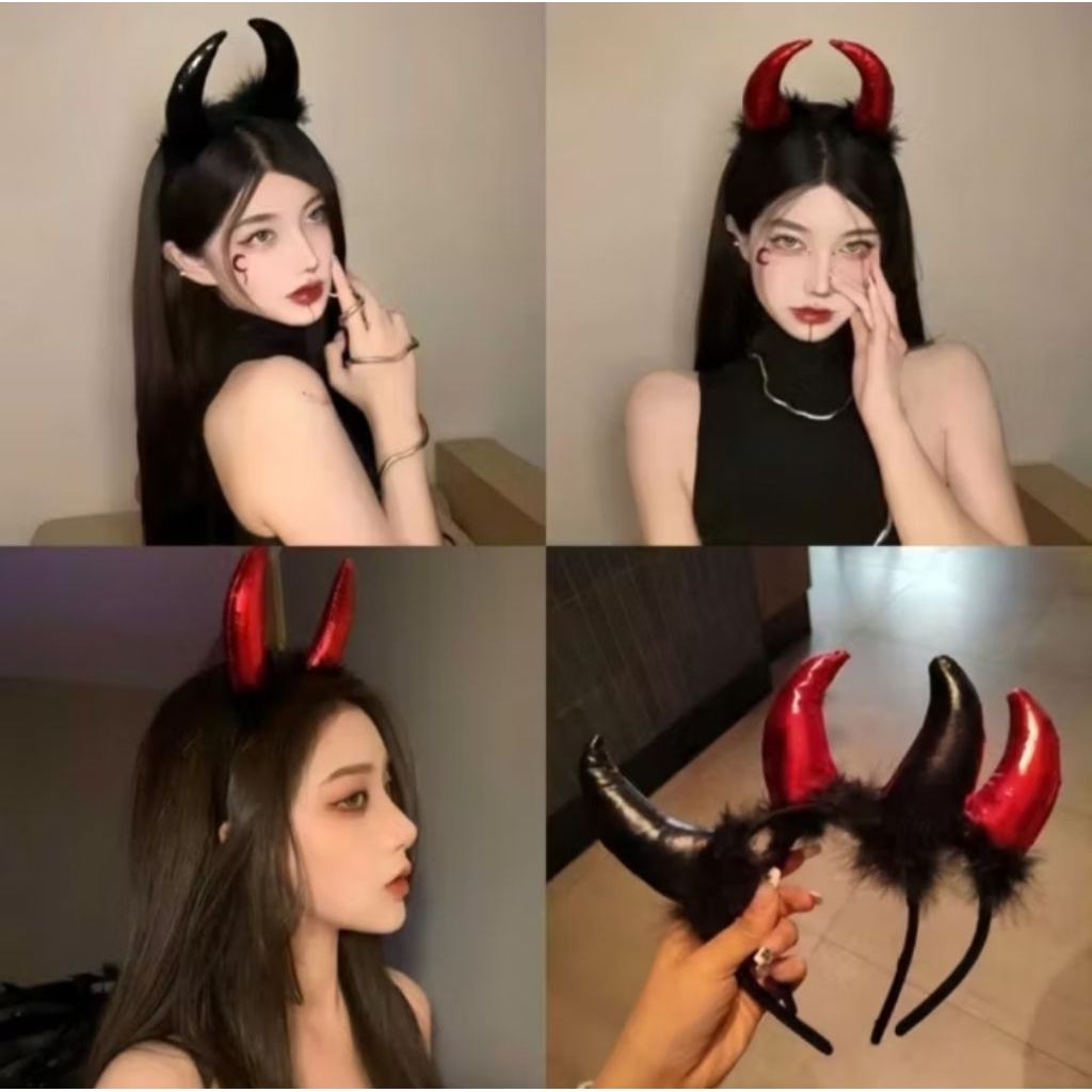 พร้อมส่ง ที่คาดผมเดวิล เซ็ทเขาเดวิล 2 ชิ้น ที่คาดผมเขาเดวิล พร้อมไม้คฑาแต่งขนนกดำเป็นระบาย พร้อมส่ง