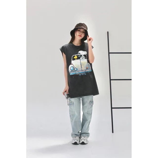 🌟STF_SHOP🌟เสื้อผ้าคอตตอน ฟองวินเทจ [ แขนกุด ] สกรีนหน้าลายเท่ๆน่ารัก งายUnisex อก 44-46 ยาว 29