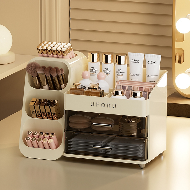 UFORU กล่องเก็บเครื่องสำอาง 2-IN-1 แบบมีลิ้นชัก ดีไซน์ขนาดใหญ่ ชั้นใส่ของอเนกประสงค์ ถอดออกได้เพื่อทำความสะอาด