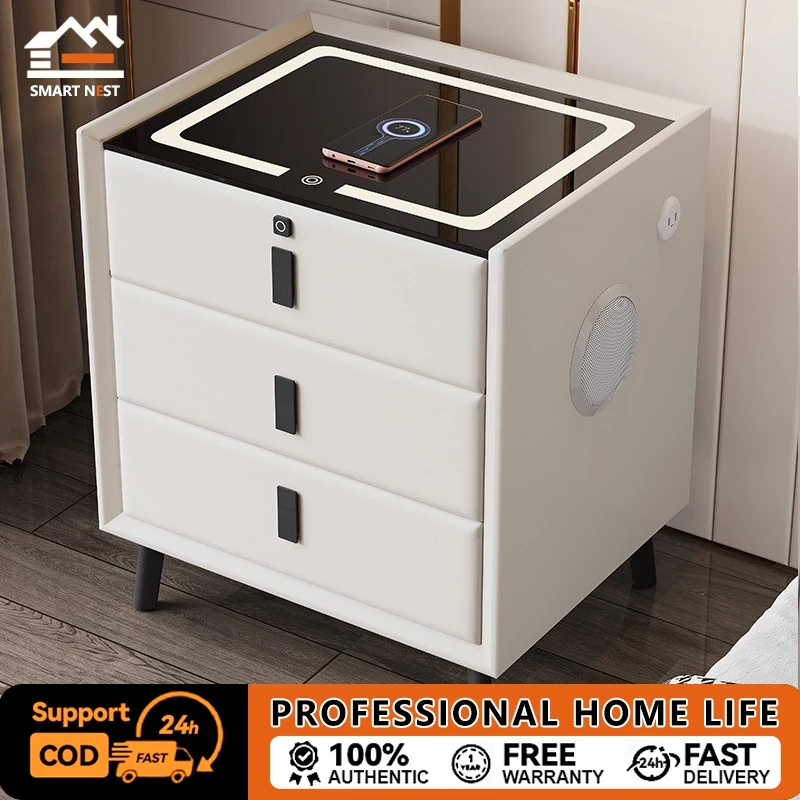 SMART NESTตูข้างเตียง โต๊ะข้างเตียง มาพร้อมกับไฟกลางคืน 3สี +ที่ชาร์จแบบไร้สาย+ลำโพงบลูทูธ 5.0 +สแกนลายนิ้วมือ