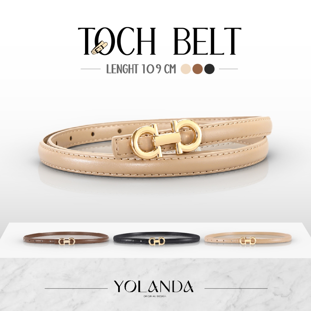 Yolanda เข็มขัดหนัง PU ดีไซน์ผู้หญิงสายแฟ หัวทอง เส้นเล็ก แมตช์ง่าย ใส่กับชุดทำงาน เข็มขัดแฟชั่น FF1609