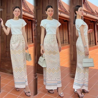 S-XXL ชุดไทยใส่ทำบุญ เสื้อ+ผ้าถุง โทนสีครีม ,ชมพู,ฟ้า,ขาว,เขียว #CHERISH #เสื้อลิซ่า #ชุดไทยดาราใส่