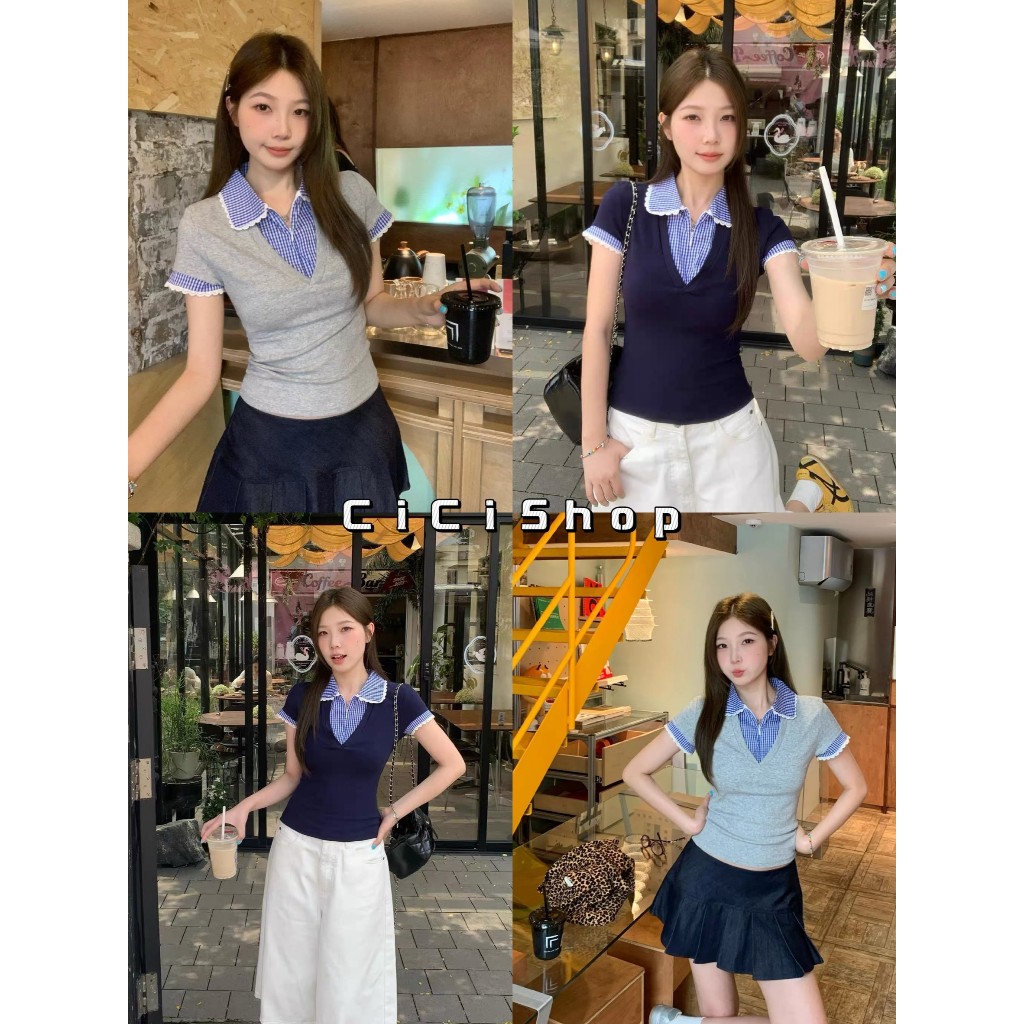 Cicishop(Y6337)เสื้อแขนสั้นผ้ายืด ดีเทลเย็บ2ชั้น คอปกลายตาราง ซิปหน้ารูดได้ สไตล์น่ารักวินเทจ