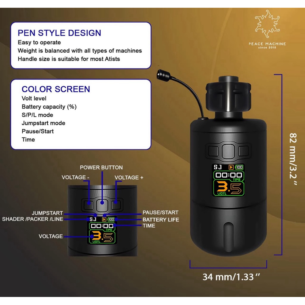 กระบอกแบตเตอรี่Peace RCA สามารถปรับไฟได้ต่ำสุด 3.5 ปรับได้สูงสุด 12.0 สำหรับเข็มฮอค