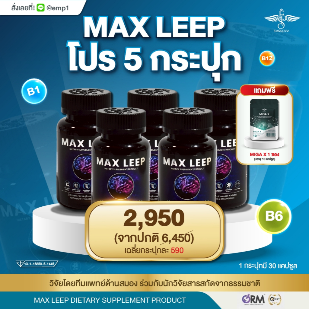วิตามินหลับลึก ปกป้องสมอง เพิ่มความจำ Max leep 5 กระปุก