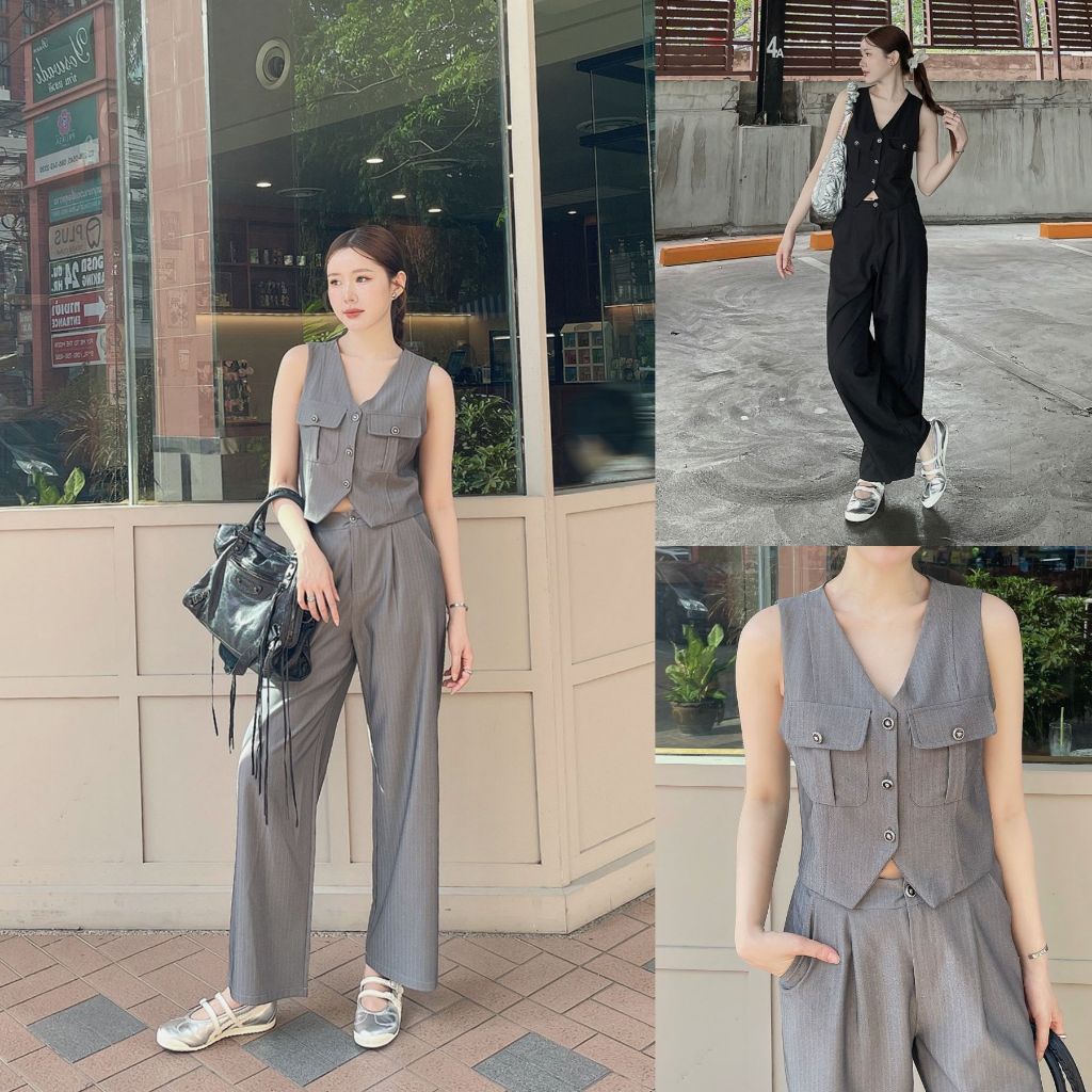 เทา/ดำ SLYQ ONYX TOP & PANTS SET ชุดเซ็ตเสื้อแขนกุดแต่งกระเป๋าและกางเกงขายา