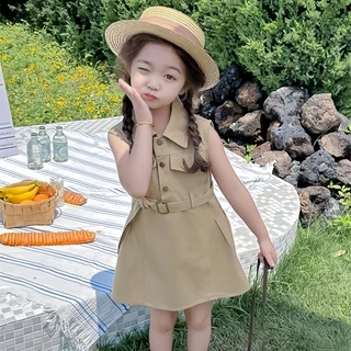 2-9 ปี ชุดเด็กเกาหลี สีกากี งานยีนส์ สาวชุดแขนกุด นิ่มสบายๆ เด็กสาวโปโลปกแขนกุด ชุดเด็ก