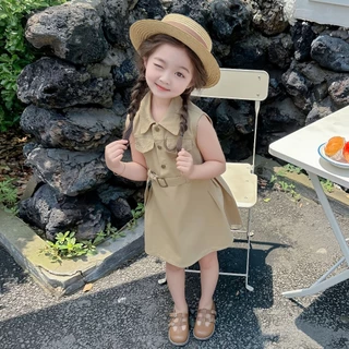 2-9 ปี ชุดเด็กเกาหลี สีกากี งานยีนส์ สาวชุดแขนกุด นิ่มสบายๆ เด็กสาวโปโลปกแขนกุด ชุดเด็ก