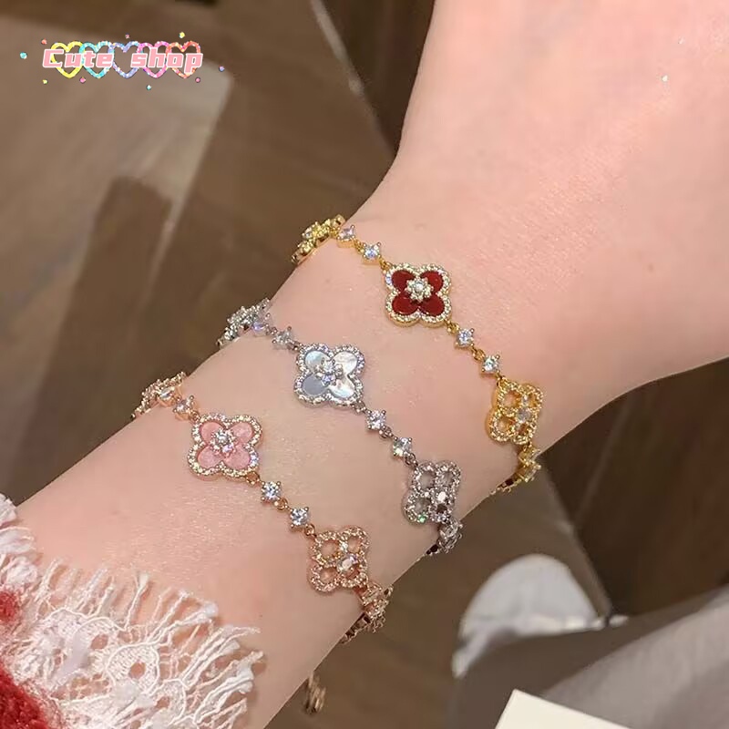 สร้อยข้อมือ เสริมดวง  โคลเวอร์สี่แฉก  แฟชั่น  jewelry  หลากสี ปรับความยาวได้ กำไลหิน