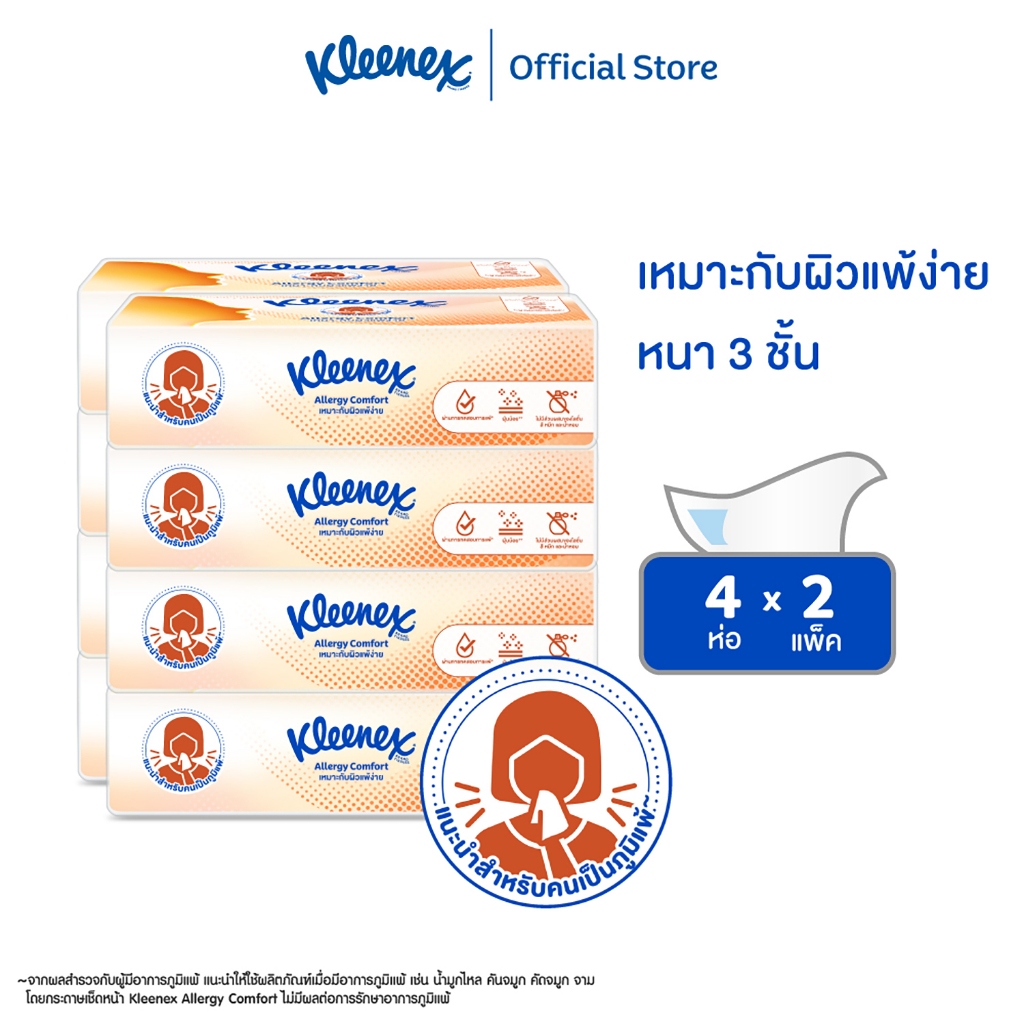 กระดาษเช็ดหน้า คลีเน็กซ์ ® เอเลอร์จี คอมฟอร์ท ซอฟท์ บ๊อกซ์ 68แผ่น 4 ห่อ x2  Kleenex® Allergy Comfort Soft Box 68sheet x2
