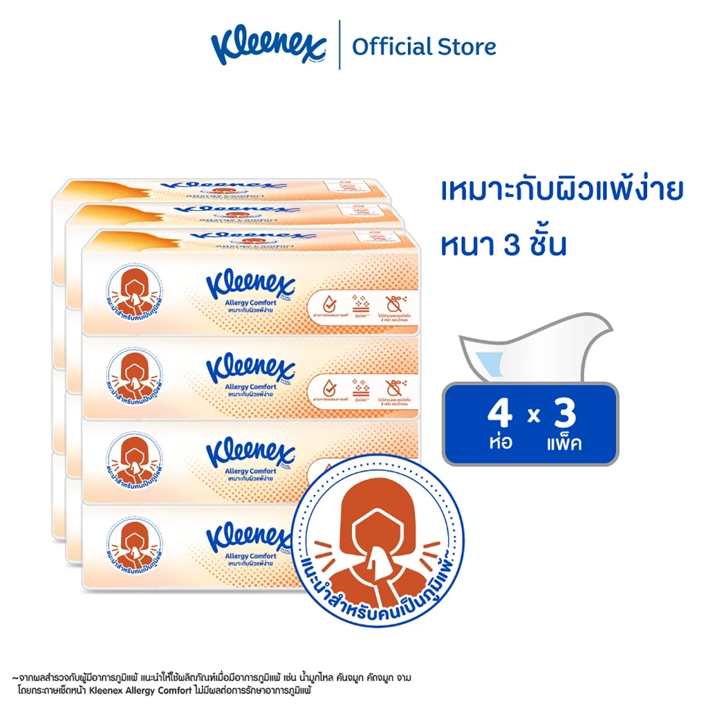 กระดาษเช็ดหน้า คลีเน็กซ์ ® เอเลอร์จี คอมฟอร์ท ซอฟท์ บ๊อกซ์ 68แผ่น 4 ห่อ x3 Kleenex® Allergy Comfort Soft Box 68sheet x3