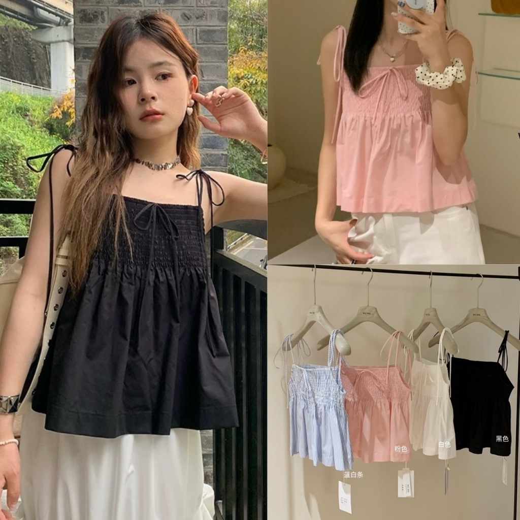 🧡🧵 🇰🇷 W5596 เสื้อ สายเดี่ยว แต่งสม้อคช่วงอก มีโบว์มัดได้ ผ้าแฟชั่นเกาหลี TAG WG.WE 🧵🧡