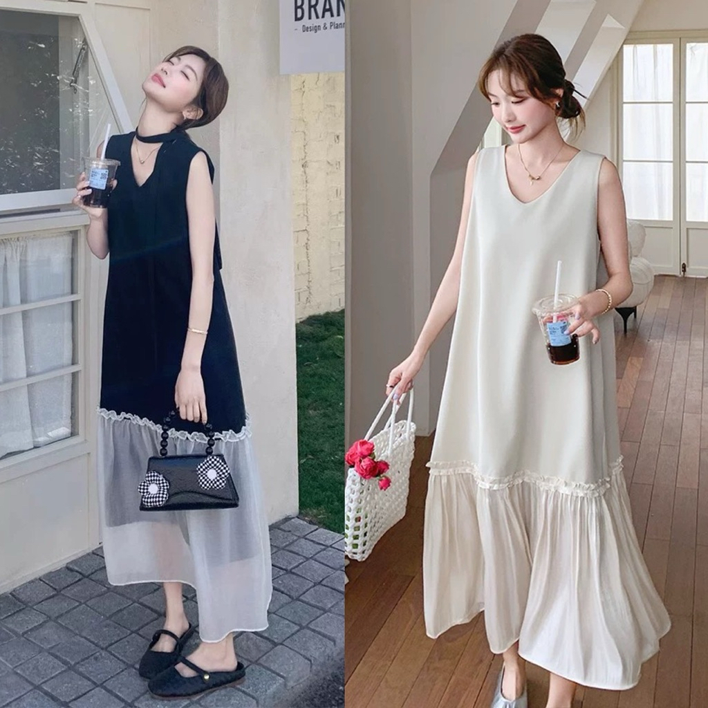 ส่งในไทย 1-2วัน FALA เดรสยาวแขนกุด แต่งระบายชาย (มีสายคล้องคอ)