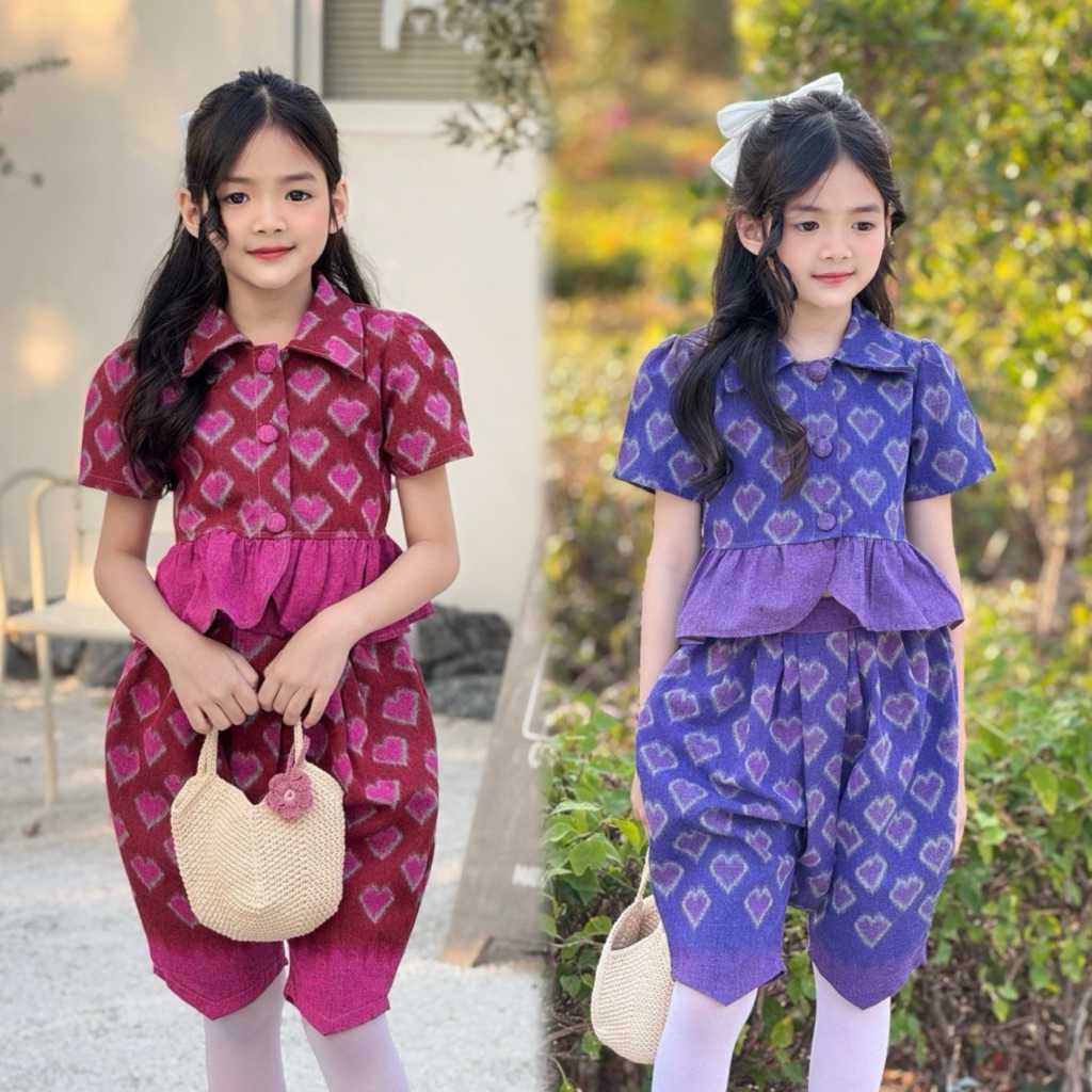 (รหัสmam)ชุดไทยเด็กผู้หญิงโจงกระเบน+เสื้อแขนตุ๊กตาแต่งระบายชาย  ลายหัวใจ ต้องมีติดตู้กันน๊ๅ