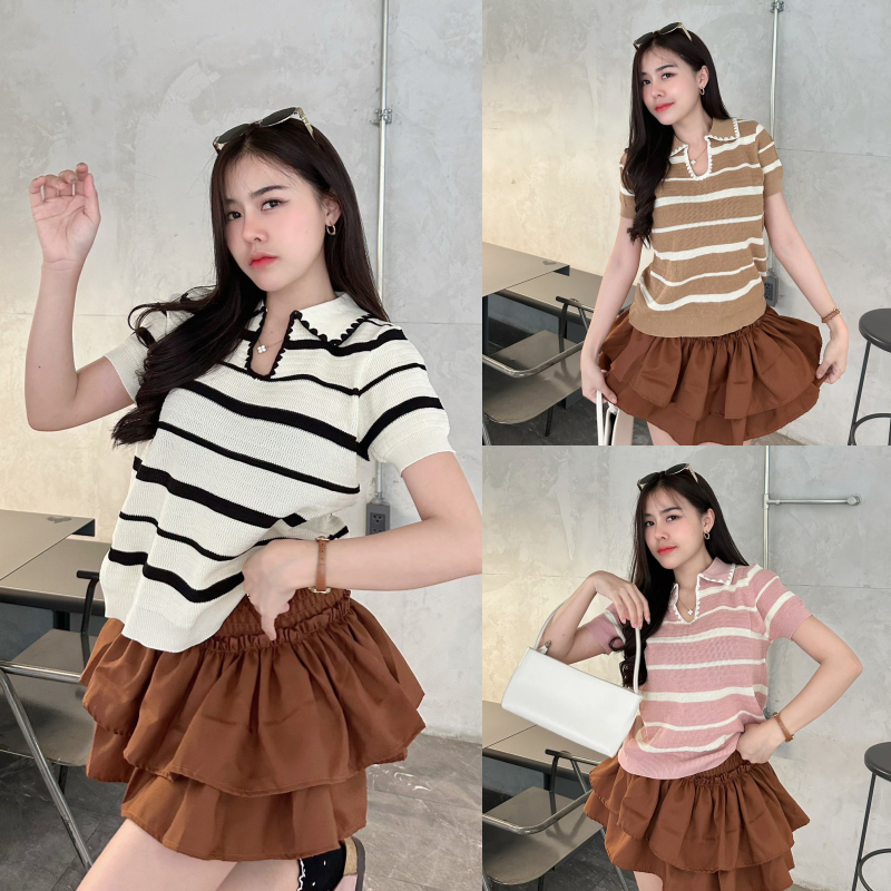 เสื้อยืดโปโล ทรงโปโลคอวีแขนสั้น งานผ้าไหมพรมทอลายสลับสี เนื้อผ้านุ่มยืดเยอะมาก สาวอวบใส่ได้ รุ่น ฟีเจอร์