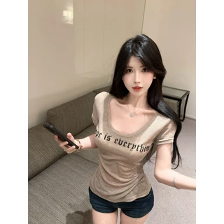 เสื้อยืดคอกลม เสื้อครอปพิมพ์ลาย นุ่มสบาย ผ้ายืดได้ ระบายอากาศดี รัดรูป #2327