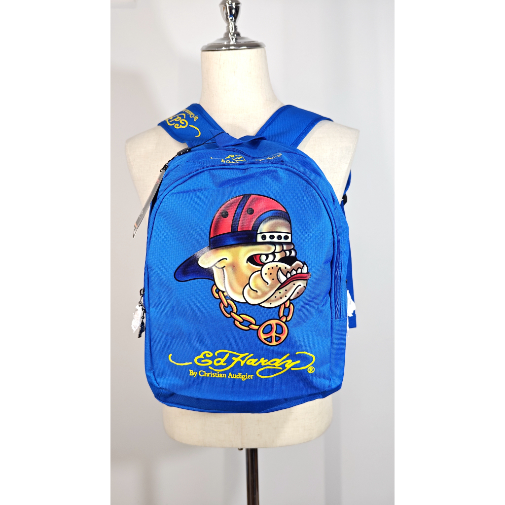 Ed Hardy:กระเป๋าเป้สะพายหลังผ้าแคนวาส สีฟ้าคลายน์ ลายหมาดุ ดีไซน์เท่ ทนทาน ใส่ของได้เยอะ{รูปแบบที่แต