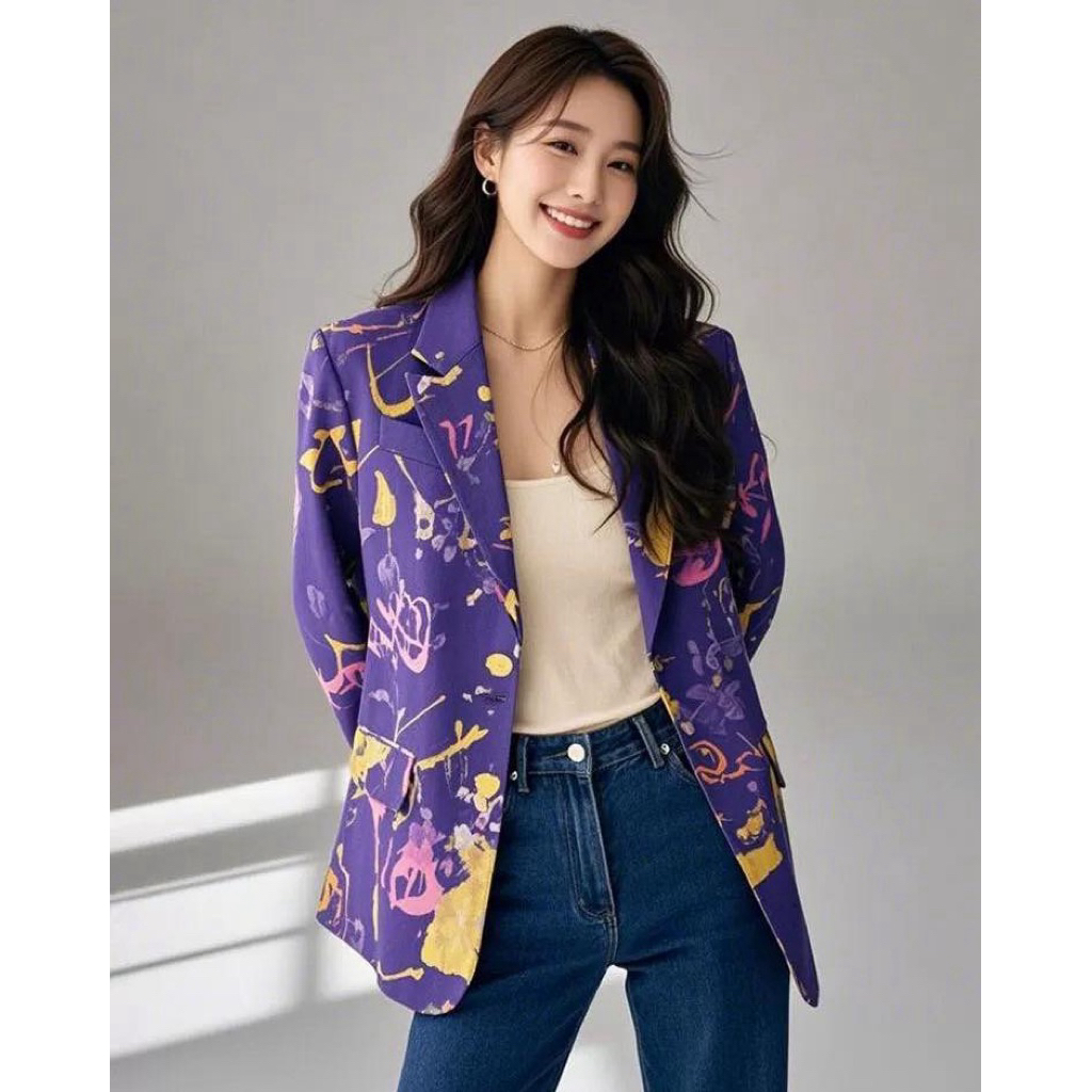 A799 สูทเบเซอร์พิมพ์ลายสีม่วง พร้อมส่งที่ไทย เกรดอย่างดี