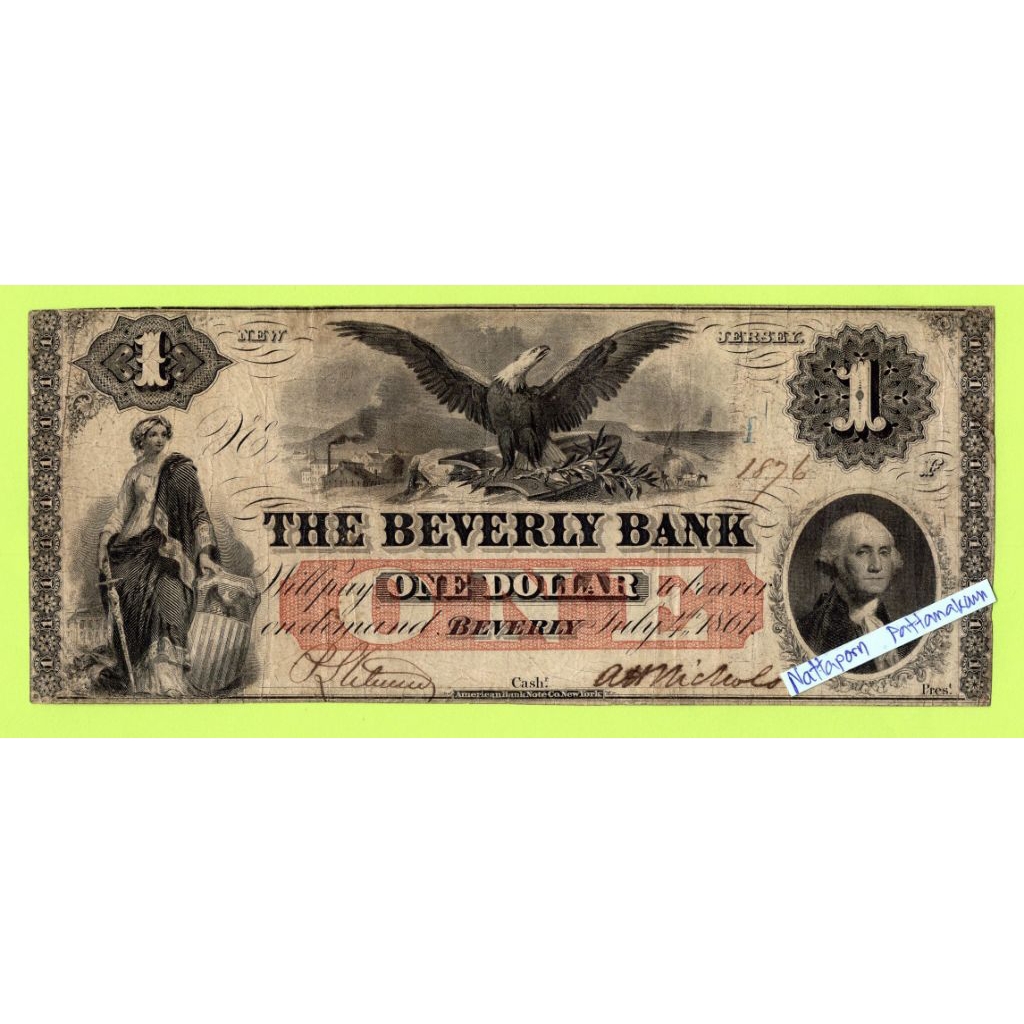 One Dollar The Beverly Bank-New Jersey Note Civil War Era 1861 #Rare