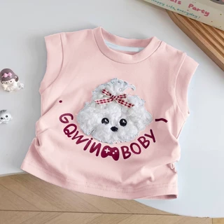 Babyonline(Y240)A2 (ส่งด่วน1วัน)เสื้อยืดคอกลมแขนกุดสำหรับเด็กผู้หญิงลายน้องหมาสุดน่ารัก ผ้าฝ้าย นิ่ม