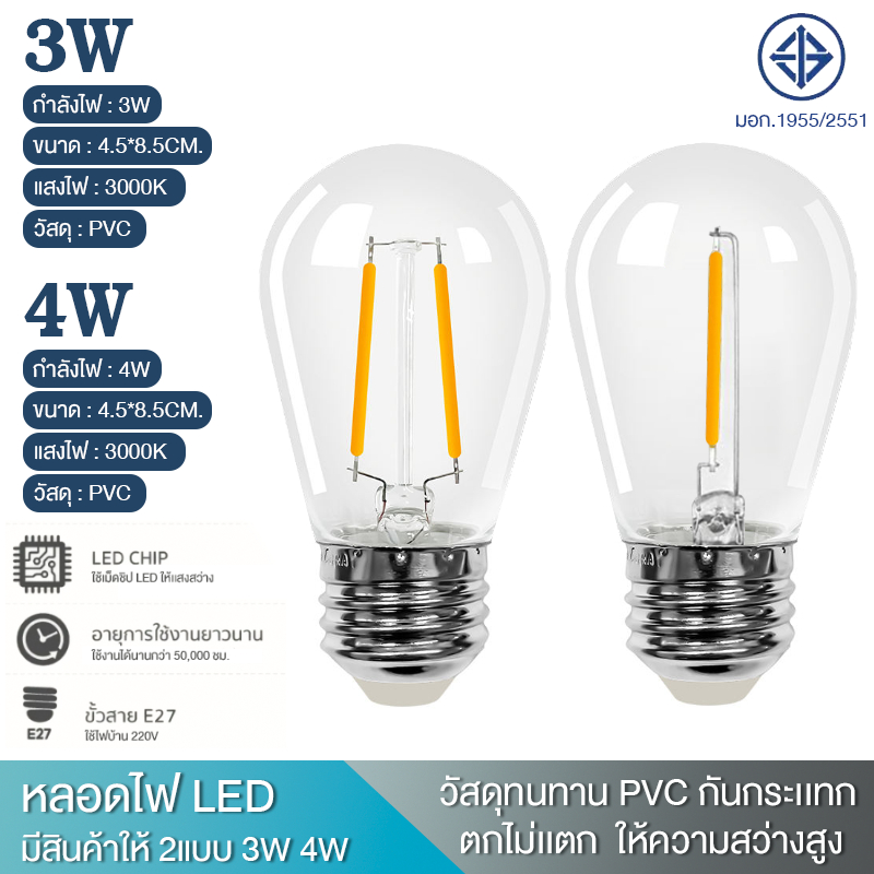 หลอดวินเทจLED วอร์มใส 3W 4W ขั้วE27 เป็นPVC ตกไม่แตก หลอดไฟLED