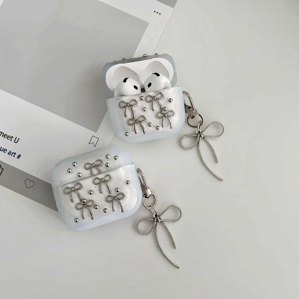 เคสแอร์พอต เคสหูฟัง ลาย โบว์เงิน สำหรับ Airpods 1/2 gen2 pro1 Pro2 gen3 Airpods 4 i11 i12 Airpods4 A