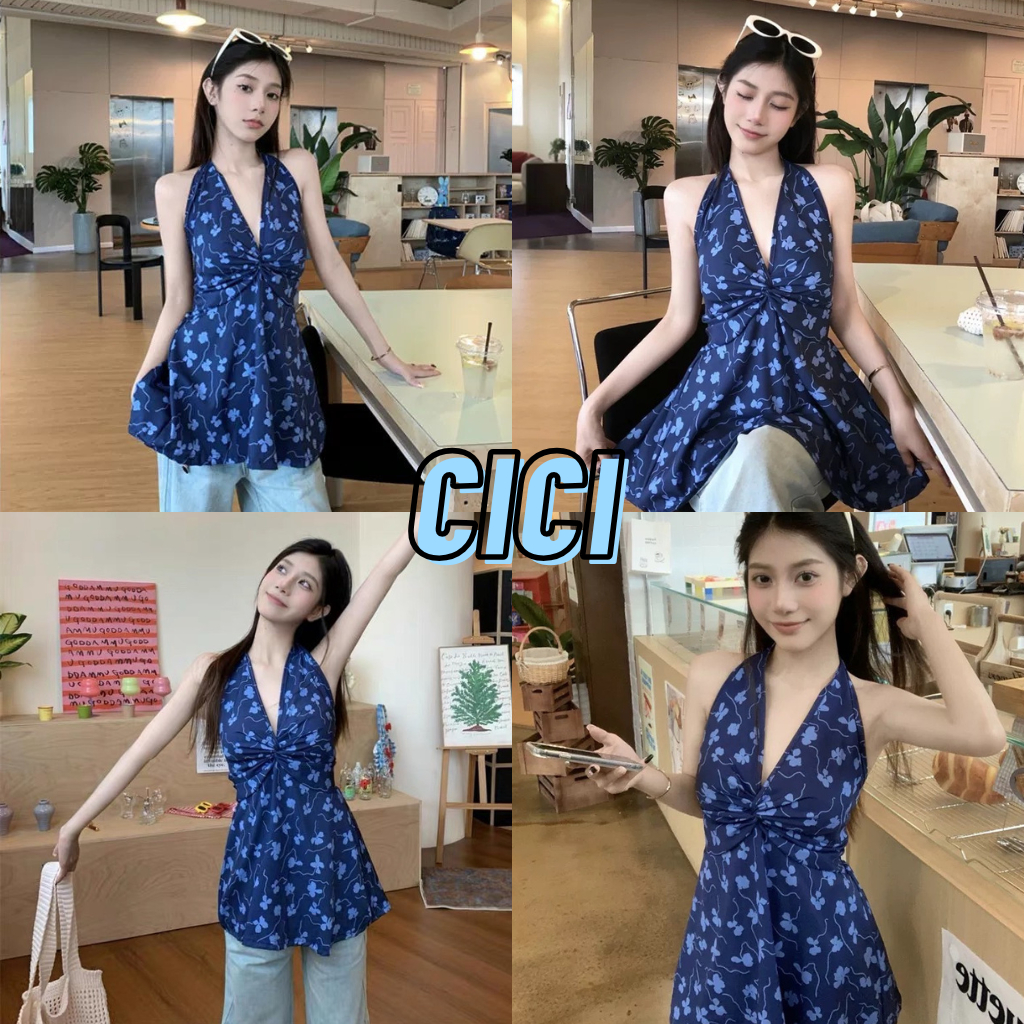 ส่งทันที Cici(NO. J2187) เสื้อคล้องคอสม็อคหลัง ผ้าพิมพ์ลายดอกไม้สีน้ำเงิน ทรงรัดรูป สไตล์ฝรั่งเศส