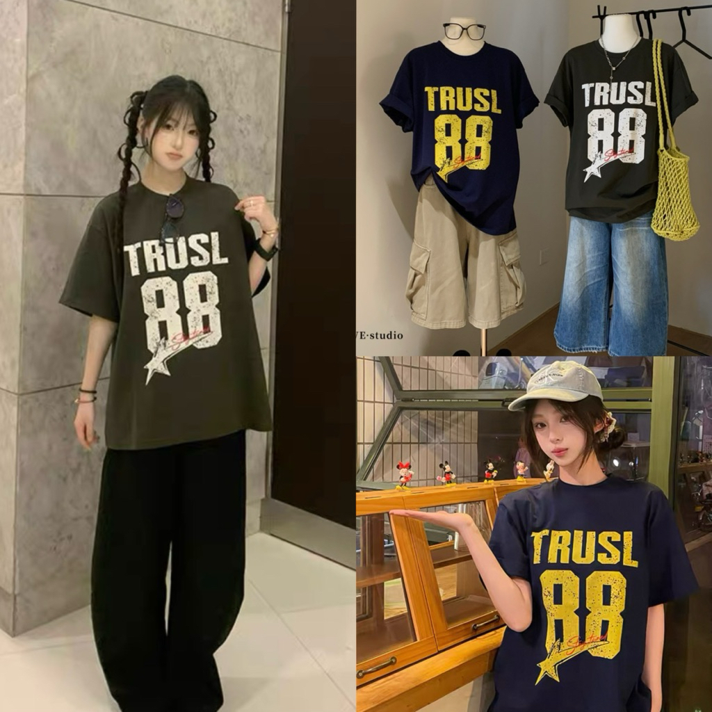 6352# เสื้อยืด oversize คอกลมแขนสั้น ลายสกรีน TRUSL 88 ลายเก๋วินเทจ ไม่ซ้ำใคร ผ้าดี ใส่สบาย TAG:WG.W