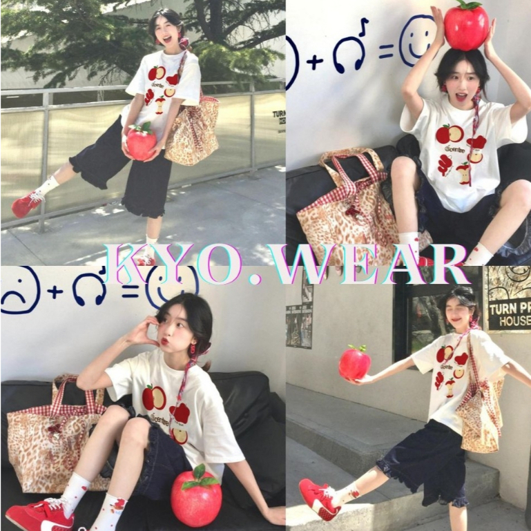 KYO ✨ เสื้อยืด Oversize คอกลมแขนสั้น เสื้อทรงซ้อ “CENTRE APPLE” ชัดๆ ผ้านิ่ม Cotton แท้ 100% สาวอวบใส่สวยเป๊ะ​ ​