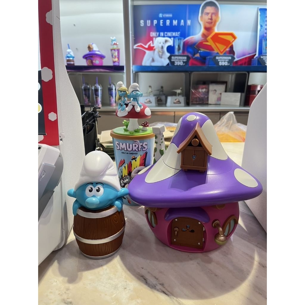 พร้อมส่ง ถังป๊อปคอร์น บ้านสเมิร์ฟส์ กระบอกน้ำและแก้วน้ำ Smurf Bucket ลิขสิทธิ์แท้ Major