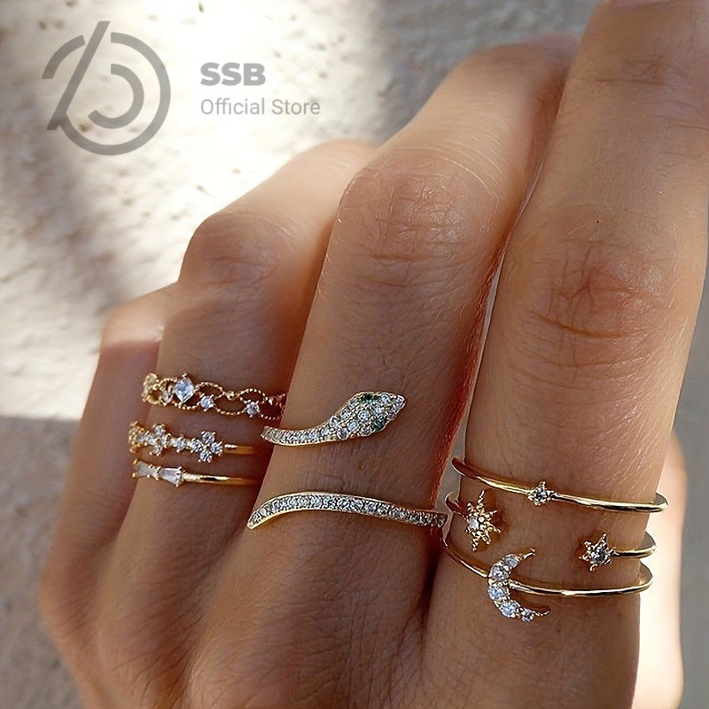 SSB ชุดแหวนข้อนิ้วซ้อน สไตล์อินสตาแกรม แบบจันทร์งูเจาะรู ปรับได้ โลหะผสมไม่ก่อภูมิแพ้ B008