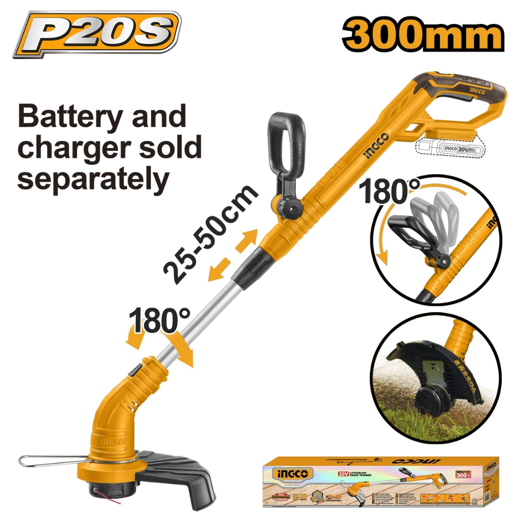 INGCO เครื่องตัดหญ้า เล็มหญ้าไร้สาย เเบตเตอรี่ 20V ตัวเปล่า รุ่นCGTLI20018, พร้อมใช้ รุ่นCGTLI20301