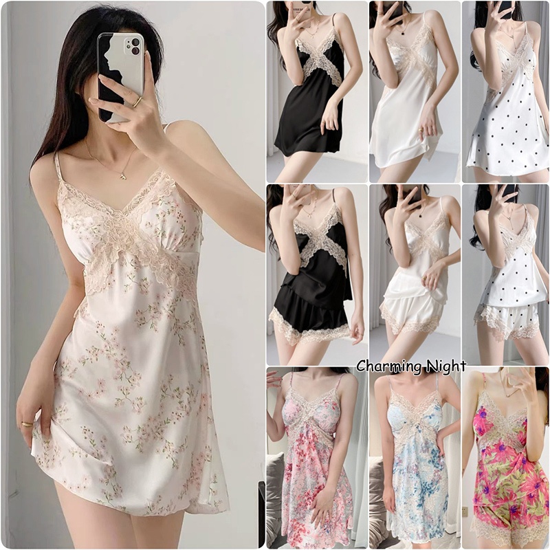 💮Charming Night💮ชุดนอนซาติน ชุดนอนผู้หญิง คอวี ลูกไม้เซ็กซี่ หลากหลายสไตล์ เนื้อผ้าดี พร้อมส่งจากไทย
